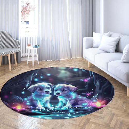 Via Vela Fantasy Forest Große Runde Teppiche 80cm Niedlicher Hund Glühwürmchen Muster Waschbarer Rutschfester dünner Teppich für Klassenzimmer Kleinkind Kinderzimmer Zimmer Dekor Matten von Via Vela