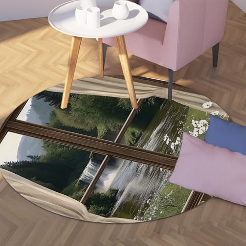 Via Vela Fensteransicht Rutschfester runder Teppich 100cm Forest Waterfall Scenery Waschbarer Leichter runder Teppich mit niedrigem Flor für Wohnzimmer Schlafzimmer Kinderzimmer von Via Vela