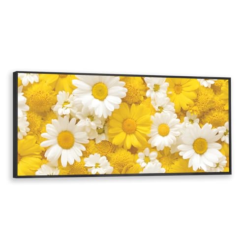 Via Vela Gelb und Weiß Gänseblümchen Blume Große Leinwand Wandkunst Zeitgenössische Kunstwerke Drucke Blumen Wandbild Poster Malerei für Wohnzimmer Wohnkultur 40x101cm mit schwarzem Rahmen von Via Vela