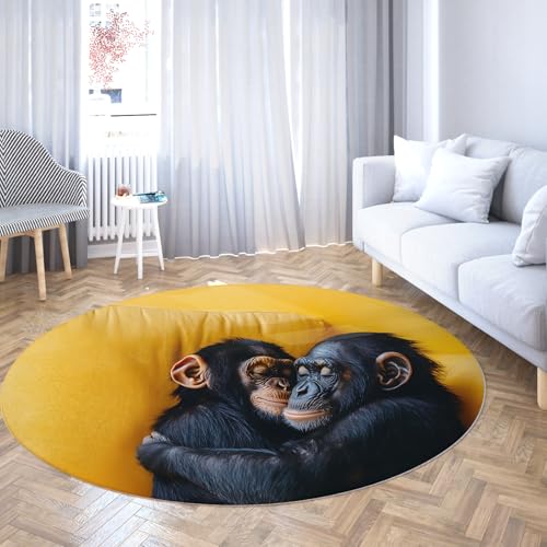 Via Vela Gelber waschbarer Rutschfester runder Teppich 150cm umarmender schlafender Gorilla-Druck Home Decor großer kreisförmiger Teppich für Arbeitszimmer Esszimmer Balkon von Via Vela