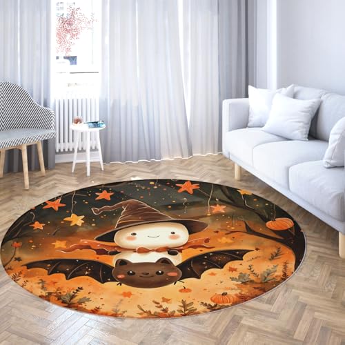 Via Vela Große runde Teppiche im Anime-Stil 80cm Halloween süßer Geist Fledermausdruck Rutschfester dünner Teppich für Klassenzimmer Kleinkind Kinderzimmer Zimmer Dekor Matten von Via Vela