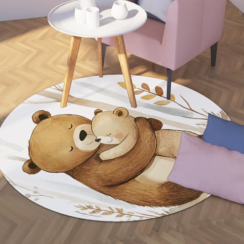 Via Vela Große runde Teppiche im Cartoon-Stil 80cm süße Mutter und Jungbär im Wald Rutschfester dünner Teppich für Klassenzimmer Kleinkind Kinderzimmer Dekor von Via Vela