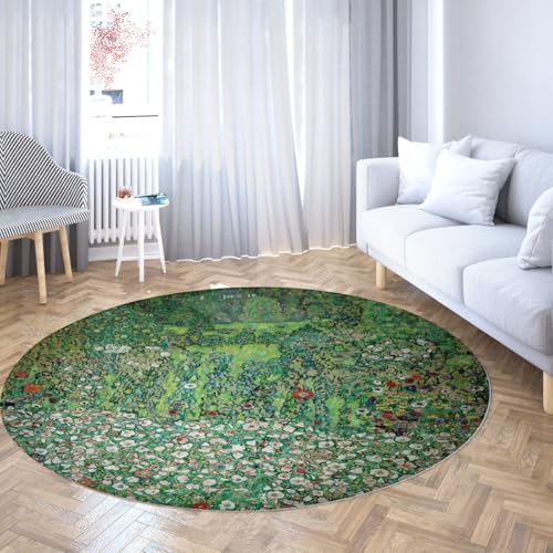 Via Vela Grüne runde Teppiche 80cm Parklandschaft mit Bergspitze Waschbarer Rutschfester flachfloriger Faltbarer dünner Kreisteppich für das Schlafzimmer im Esszimmer von Via Vela