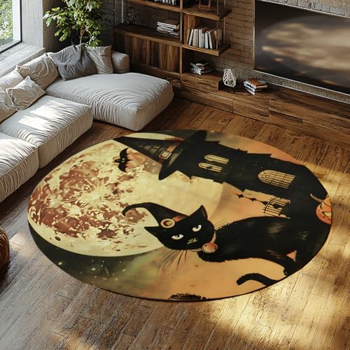 Via Vela Halloween Night Round Teppich 150cm Castle Black Cat Bat Print Waschbarer niedriger Flor Rutschfester dünner Kreis Matte Teppich für Badezimmer Flur Spielzimmer von Via Vela