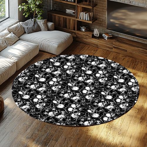 Via Vela Halloween-Rundteppiche 200cm Totenkopf und Weinreben Druck Waschbarer Rutschfester flachfloriger Faltbarer dünner Kreisteppich für Zuhause Schlafzimmer Sofa Esszimmer von Via Vela