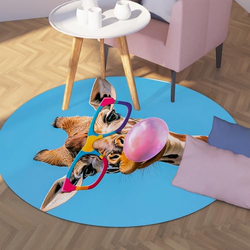 Via Vela Hellblaue runde Teppiche 80cm lustiger Giraffendruck waschbar Rutschfester flachfloriger Faltbarer dünner Kreisteppich für Zuhause Schlafzimmer Sofa Esszimmer von Via Vela
