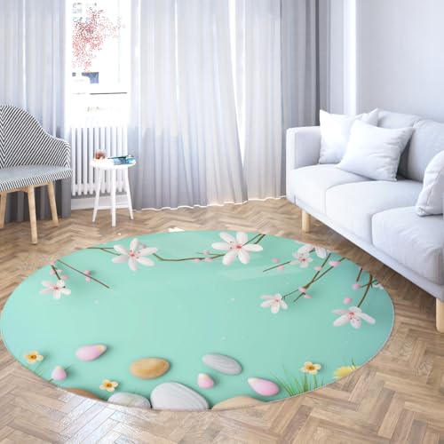 Via Vela Heller runder Teppich 80cm chinesischer Stil Blumenund Steinmuster waschbar Rutschfester niedriger Flor Faltbarer Nicht haarender Wurfkreisteppich für Schlafzimmer von Via Vela