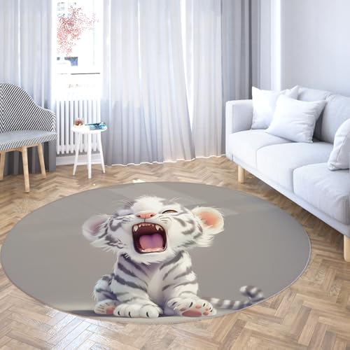 Via Vela Hellgraue runde Teppiche 150cm brüllender süßer Kleiner weißer Tiger waschbarer rutschiger flachfloriger Faltbarer Kreisteppich für das Schlafzimmer im Esszimmer von Via Vela