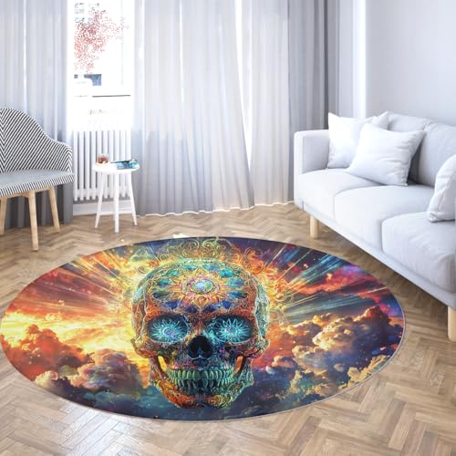 Via Vela Illusion Thema Runde Teppiche 80cm Boho Bunte Fantasie Schädel Muster rutschfeste Rückseite niedrigfloriger Wurf Kreis Teppich für Esszimmer Gästezimmer von Via Vela