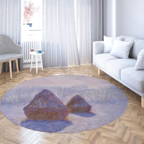 Via Vela Impressionismus Runde Teppiche 100cm Heuhaufen im Schnee und Sonnenschein Waschbarer Rutschfester flachfloriger Faltbarer dünner Kreisteppich für das Esszimmer von Via Vela