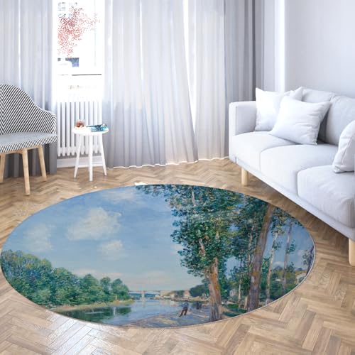 Via Vela Impressionistischer landschaftswaschbarer runder Teppich 160cm Saint-MammèS Living Room Rutschfester dünner Teppich mit niedrigem Flor für das Esszimmer im Eingangsbereich von Via Vela