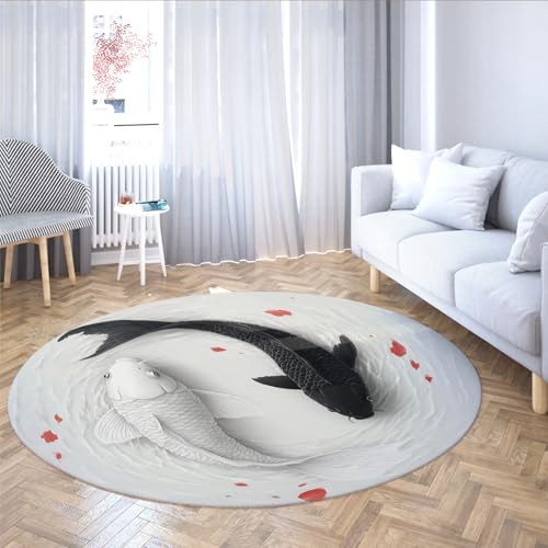 Via Vela Japanische runde Teppiche 80cm Schwarz und Weiß Lucky Koi Fisch waschbarer Rutschfester Rücken mit niedrigem Florwurf Kreis Teppich für Esszimmer Gästezimmer von Via Vela