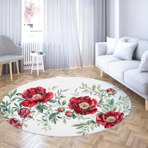 Via Vela Klassische runde Teppiche 180cm Rot Rich Pfingstrose Blumenmuster Waschbarer Rutschfester Rücken mit niedrigflorigem Wurf Kreis Teppich für Esszimmer Gästezimmer von Via Vela