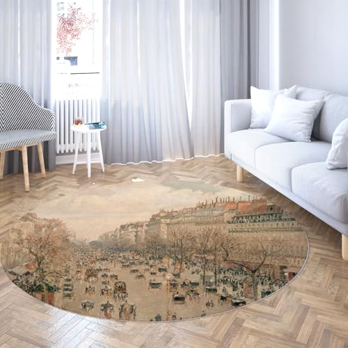 Via Vela Klassischer Stil waschbarer Rutschfester runder Teppich 80cm Boulevard Montmartre Paris Drucken Home Rutschfester Kreisteppich für das Arbeitszimmer Esszimmer von Via Vela