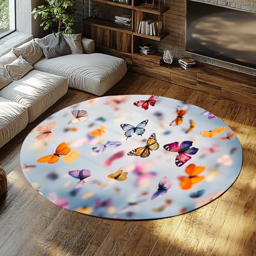 Via Vela Kreatives Design Maschinenwaschbarer runder Teppich 150cm Eleganter bunter Schmetterling Rutschfester niedrigfloriger Innenboden-Kreisteppich für Küche Schlafzimmer von Via Vela