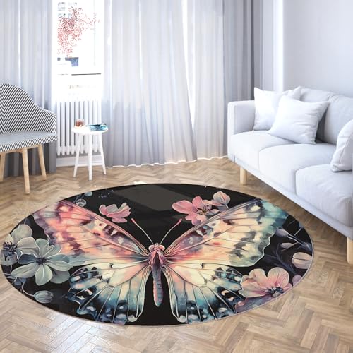 Via Vela Kreatives Design Runder Teppich 180cm Schöne Schmetterling Blumen Rutschfester Indoor Waschbarer großer Wurf Kreis Teppich für Mudroom Apartment Home von Via Vela