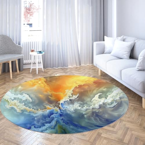 Via Vela Kreatives Design Rutschfester runder Teppich 160cm Abstrakter bunter Ozeanwellen Texturdruck Großer Kreisteppich für Arbeitszimmer Esszimmer Balkon von Via Vela