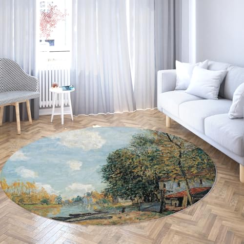 Via Vela Landscape Rutschfester runder Teppich 160cm The Banks of The River Loing Waschbarer niedrigfloriger Leichter runder Teppich für Wohnzimmer Schlafzimmer von Via Vela