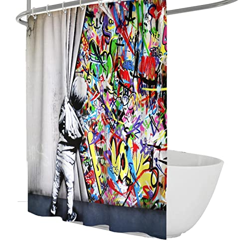 Via Vela Lustige Duschvorhänge Banksy Street Art Graffiti buntes Duschvorhang-Set für Badezimmer mit Haken wasserdichter Duschvorhang 180x180 cm von Via Vela