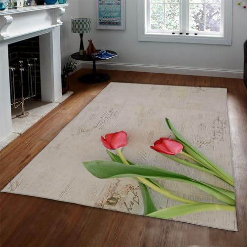 Via Vela Luxus-Teppich roter Blumen-Tulpen-Teppich für drinnen und draußen Bohemian-Stil leicht zu reinigen für Schlafzimmer Küche Hinterhof fusselfrei 40x60 cm von Via Vela
