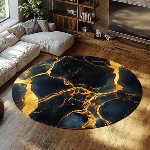 Via Vela Marmormuster Throw Round Teppiche 80cm - Schwarz Gold Achat Crack Print Waschbarer Rutschfester Teppich mit niedrigem Flor für Sofa Eingangsbereich Büro von Via Vela