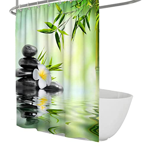 Via Vela Meditation Relax Grüner Duschvorhang Zen Spa Steine Badezimmervorhang Bambusblätter Sichtschutz Duschvorhänge Set mit 12 Haken 150x180 cm von Via Vela
