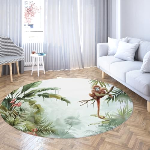Via Vela Mid Century Runde Teppiche 80cm Tropischer Regenwald Affenmuster Waschbarer Rutschfester flachfloriger Faltbarer dünner Kreisteppich für das Schlafzimmer von Via Vela