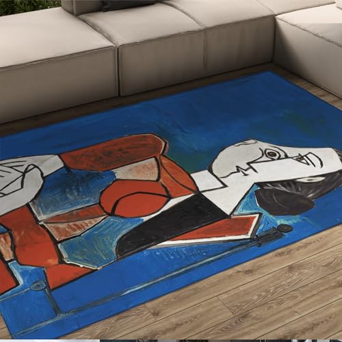 Via Vela Minimalistischer Teppich Abstrakter Blauer Picasso-Teppich für den Eingangsbereich Fußmatte rutschfest waschbar niedriger Flor Bodenteppich für Küche und Badezimmer 60x90 cm von Via Vela