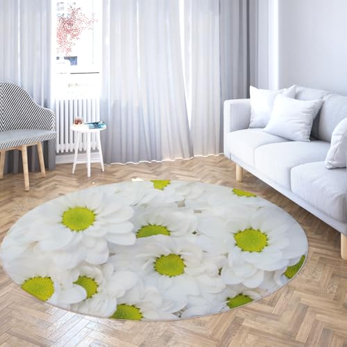 Via Vela Moderne runde Teppiche für das Kinderzimmer 200cm weißer Blumendruck maschinenwaschbarer Kreis Teppichboden rutschfest für Waschküche Esszimmer von Via Vela