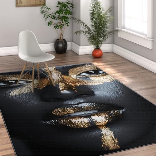Via Vela Moderner Stil Area Teppiche Afrikanische Schwarze Frau mit Goldener Verzierung im Gesicht Nahaufnahme Rutschfester dünner Teppich mit niedrigem Flor für den Eingangsbereich 240x300cm von Via Vela