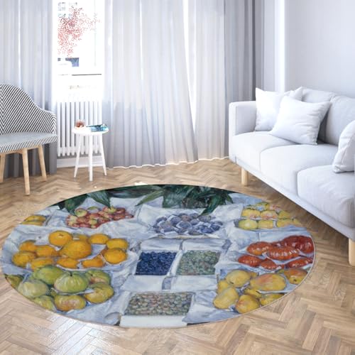 Via Vela Moderner runder Teppich 180cm Obst auf einem Ständerdruck abwaschbarer Rutschfester dünner Kreisteppich mit niedrigem Flor für Schrank Badezimmer Flur Spielzimmer von Via Vela