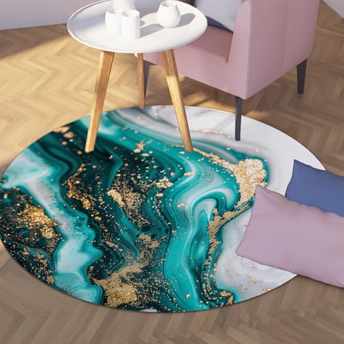 Via Vela Moderner runder Teppich 80cm Blaugrün Weiß Abstrakter Marmor Gold Folie Textur Rutschfester niedrigfloriger Innenboden Kreis Teppich für Schlafzimmer Konferenzraum von Via Vela