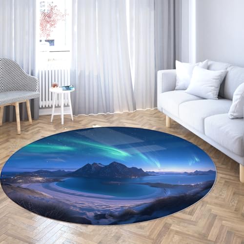 Via Vela Moderner waschbarer runder Teppich 80cm Mysteriöse Aurora Island Scenery Rutschfester niederfloriger Bodenteppich für den Konferenzraum des Schlafzimmers von Via Vela