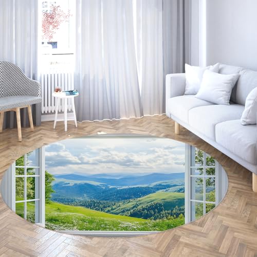 Via Vela Natur Landschaft Waschbarer Rutschfester runder Teppich 180cm Frühling Wald Landschaft Rutschfester großer Kreisteppich für Arbeitszimmer Esszimmer Balkon von Via Vela
