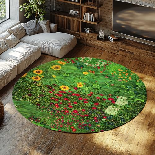 Via Vela Nature Round Rugs 80cm Bauerngarten mit Sonnenblumen Abwaschbarer Rutschfester Träger mit niedrigem Florüberwurf für Esszimmer Gästezimmer Nachttisch von Via Vela
