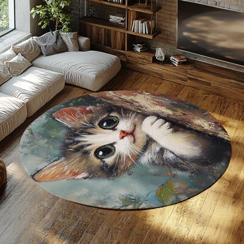 Via Vela Niedliche Haustier Thema Große Runde Teppiche 80cm Süße Kawaii Katze Muster Waschbarer Rutschfester dünner Teppich für Klassenzimmer Umkleideraum Gaming Dekor Matten von Via Vela