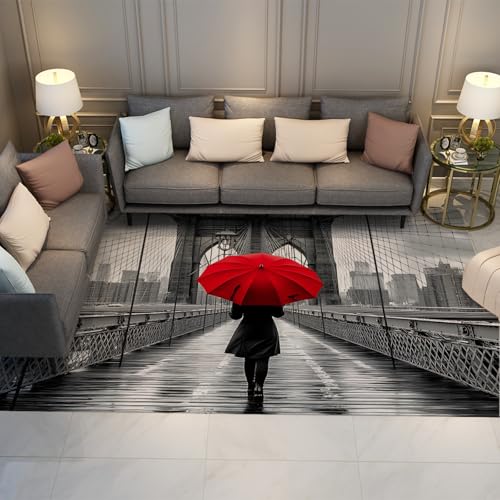 Via Vela Nostalgischer Stil Area Teppiche Frau mit rotem Regenschirm bei Stadtlandschaft Brückenbau Rutschfester dünner Teppich mit niedrigem Flor für das Büro 80x150cm Via Vela Nostalgischer Stil Area Teppiche Frau mit rotem Regenschirm bei Stadtlandschaft Brückenbau Rutschfester dünner Teppich mit niedrigem Flor für das Büro 80x150cm von Via Vela