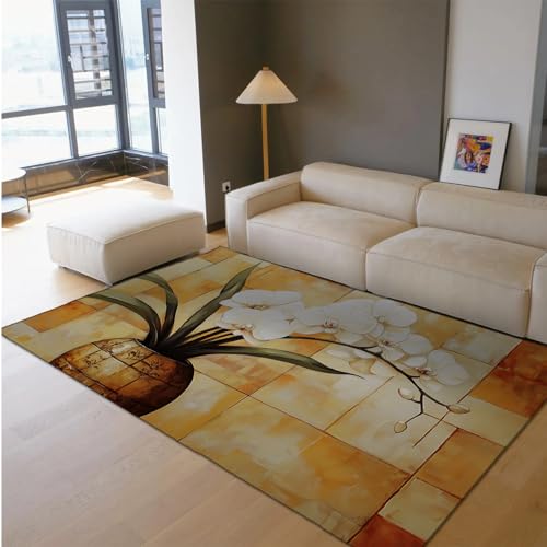 Via Vela Retro Botanischer Stil Maschinenwaschbare Teppiche 180x270cm - Phalaenopsis Topf Stillleben Kunst Muster Rutschfester Flachflor Dünner Teppich für Küche von Via Vela