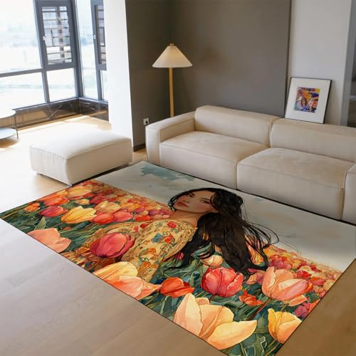 Via Vela Retro Eleganz Stil Teppiche 80x150cm - Klassisches Mädchen Buntes Tulpenfeld Landschaftsmuster Weicher Rutschfester niedriger Flor Dünner Teppich für Deck Terrasse von Via Vela