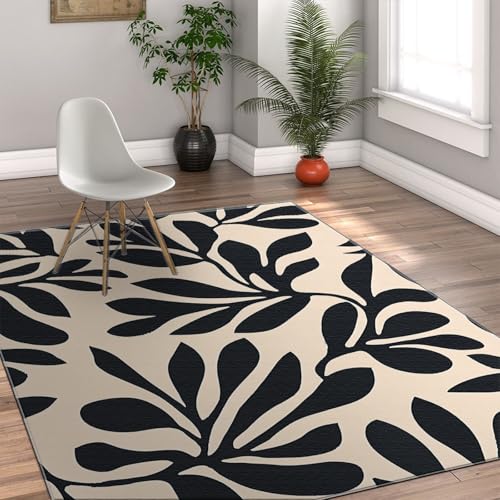 Via Vela Retro Minimalismus Stil Waschbare Teppiche 180x300cm - Abstraktes schwarzes Pflanzenblättermuster Rutschfester niedriger Flor dünner Leichter Teppich für das Bett von Via Vela