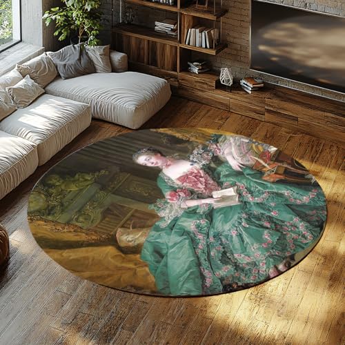 Via Vela Retro Runde Teppiche 80cm Porträt von Madame de Pompadour Waschbarer Rutschfester flachfloriger Faltbarer dünner Kreisteppich für Schlafzimmer Sofa Esszimmer von Via Vela