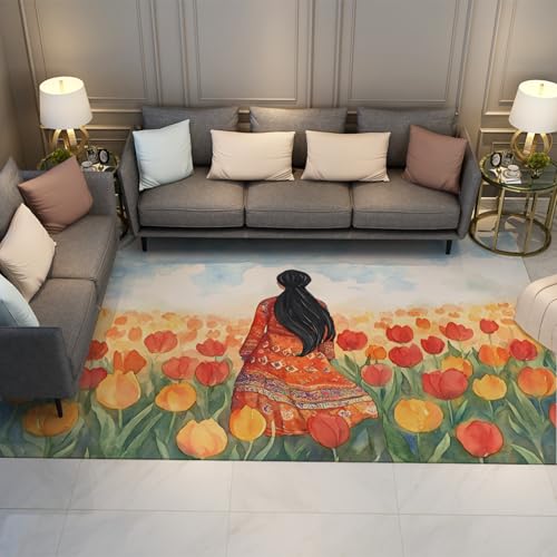 Via Vela Retro Tones Teppiche 180x240cm - Schönes Mädchen Rückansicht Buntes Tulpenfeld Landschaftsmuster Rutschfester Flacher Flor Dünner Teppich für Konferenzraum von Via Vela