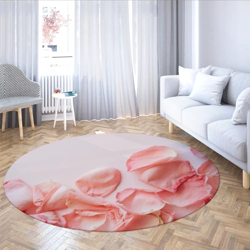 Via Vela Romantischer Stil Runde Teppiche 200cm Rosa Rosenblütendruck Maschinenwaschbarer Kreis Teppichboden rutschfest für Waschküche Esszimmer Dekor von Via Vela