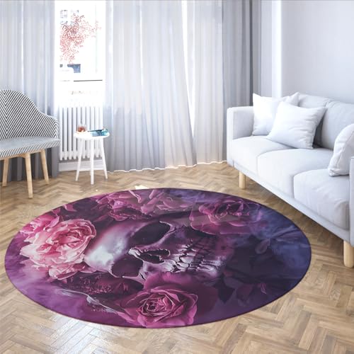 Via Vela Romantischer Stil Rutschfester runder Teppich 200cm Totenkopf und Rosen Muster Weicher waschbarer niedrigfloriger Leichter runder Teppich für Wohnzimmer Schlafzimmer von Via Vela