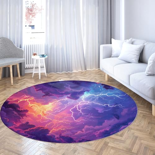 Via Vela Runde Teppiche im Cartoon-Stil 100cm Abstrakter lila Gewitterwolkendruck Rutschfester waschbarer runder Teppich mit niedrigem Flor für den Innenbereich im Freien von Via Vela
