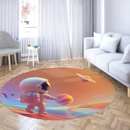 Via Vela Runde Teppiche im Cartoon-Stil 80cm Niedlicher Astronaut Weltraummuster Maschinenwaschbarer Kreisteppichboden rutschfest für Esszimmer Kinderzimmer von Via Vela