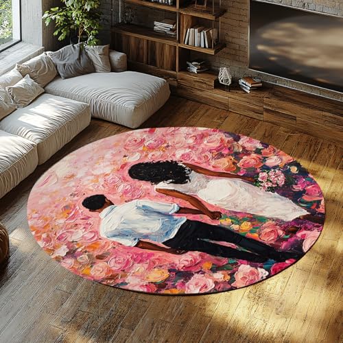 Via Vela Runde Teppiche im Ölgemäldestil 80cm Romantisches Paar im Rosenfeld rutschfeste waschbare weiche runde Teppichmatte mit niedrigem Flor für den Außenbereich im Innenbereich von Via Vela