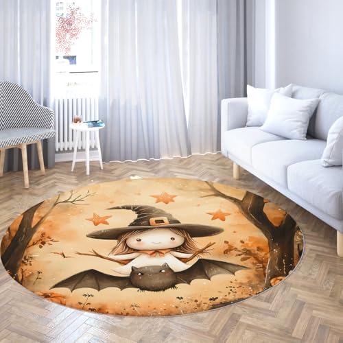 Via Vela Runde Teppiche im Retro-Stil 120cm süße Hexe und Fledermausmuster waschbarer Rutschfester flachfloriger Faltbarer dünner Kreisteppich für das Schlafzimmer Esszimmer zu Hause von Via Vela