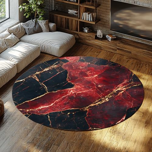 Via Vela Runder Teppich aus schwarzem und rotem Marmor 120cm - Rutschfester waschbarer Abstrakter Goldener rissiger Achat moderner Teppich für Schlafzimmer Balkon Arbeitszimmer Via Vela Runder Teppich aus schwarzem und rotem Marmor 120cm - Rutschfester waschbarer Abstrakter Goldener rissiger Achat moderner Teppich für Schlafzimmer Balkon Arbeitszimmer von Via Vela