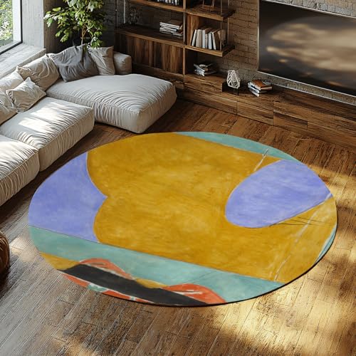 Via Vela Runder Teppich im abstrakten Stil 200cm gelber Vorhangdruck waschbarer Rutschfester Rückseitenteppich mit niedrigem Florüberwurf für Esszimmer Gästezimmer Nachttisch von Via Vela